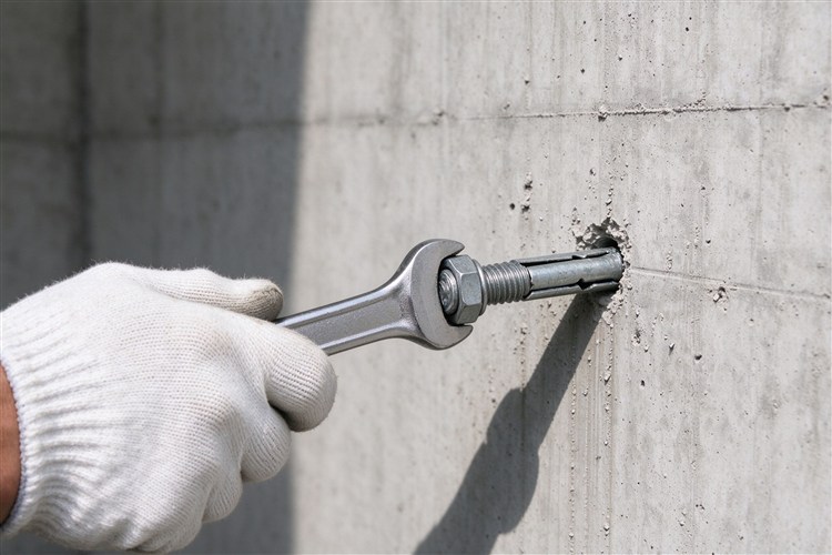 Worker tightening an expansion bolt installed in a concrete wall with a wrench