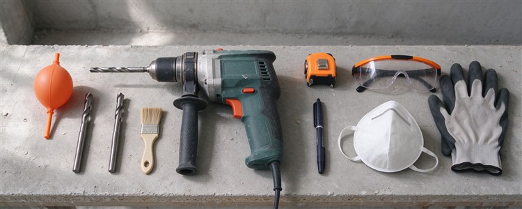Tools for installing expansion bolts: hammer drill, drill bits, blow bulb, brush, tape measure and protective gear